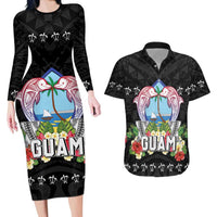 Guam Chamorro Couples Matching Long Sleeve Bodycon Dress and Hawaiian Shirt Tribal Latte Stone With Dolphins Black