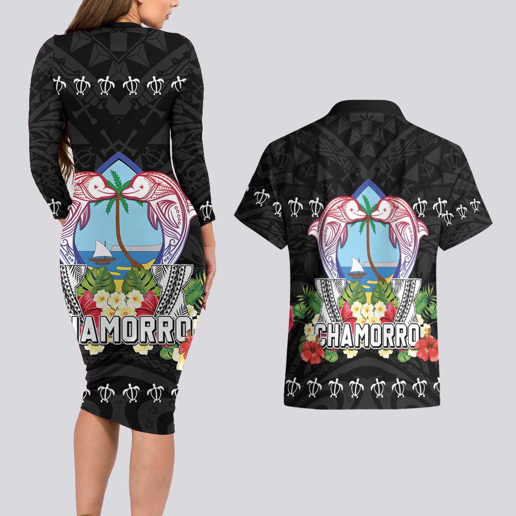 Guam Chamorro Couples Matching Long Sleeve Bodycon Dress and Hawaiian Shirt Tribal Latte Stone With Dolphins Black