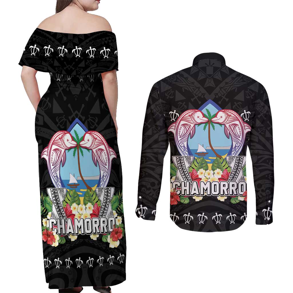 Guam Chamorro Couples Matching Off Shoulder Maxi Dress and Long Sleeve Button Shirt Tribal Latte Stone With Dolphins Black