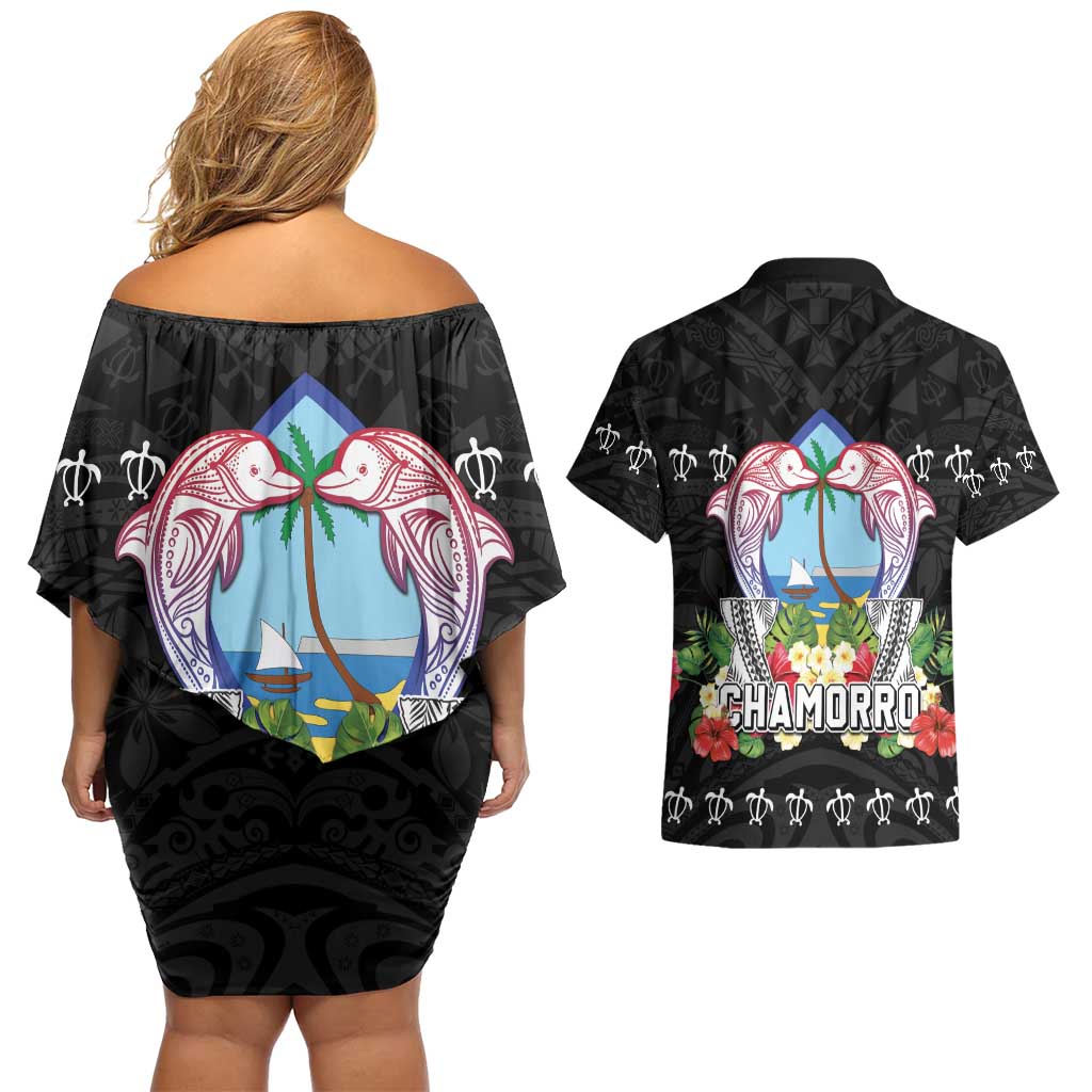 Guam Chamorro Couples Matching Off Shoulder Short Dress and Hawaiian Shirt Tribal Latte Stone With Dolphins Black