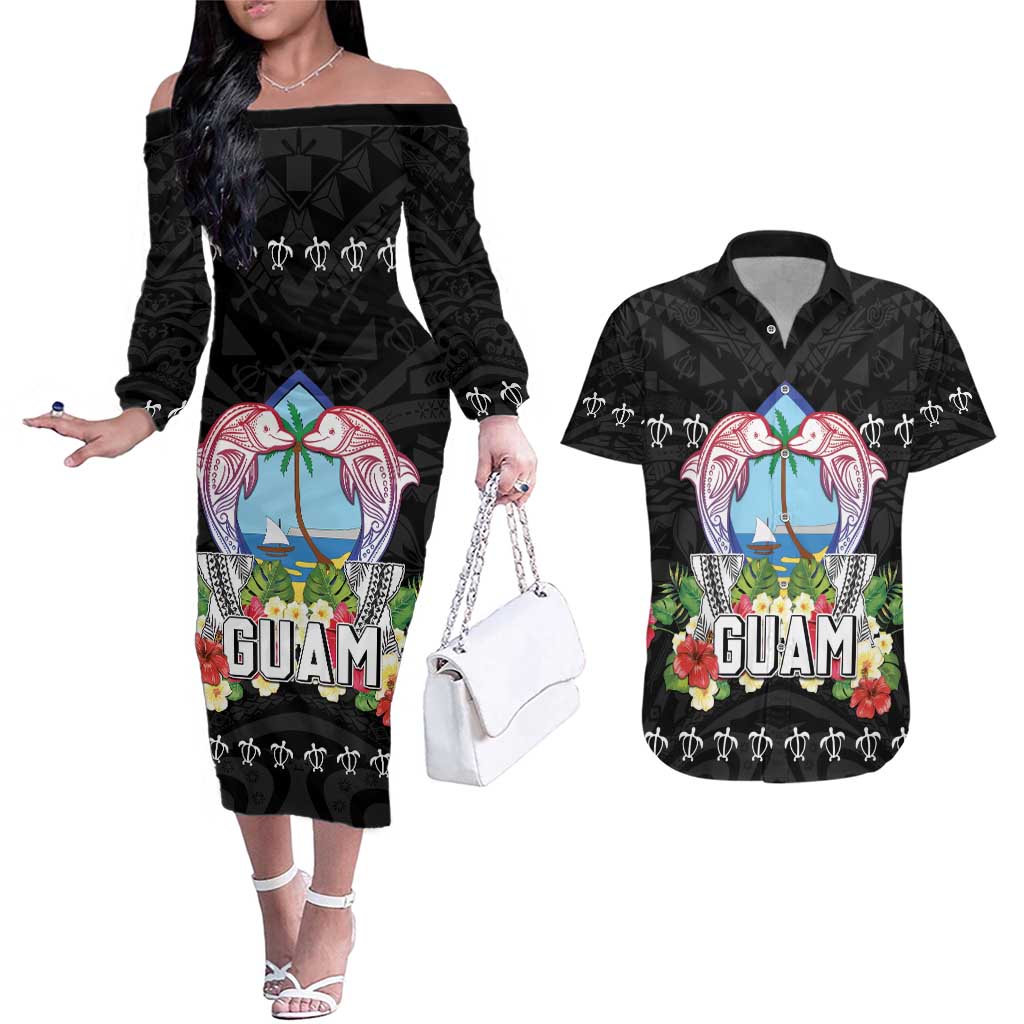 Guam Chamorro Couples Matching Off The Shoulder Long Sleeve Dress and Hawaiian Shirt Tribal Latte Stone With Dolphins Black