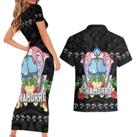 Guam Chamorro Couples Matching Short Sleeve Bodycon Dress and Hawaiian Shirt Tribal Latte Stone With Dolphins Black