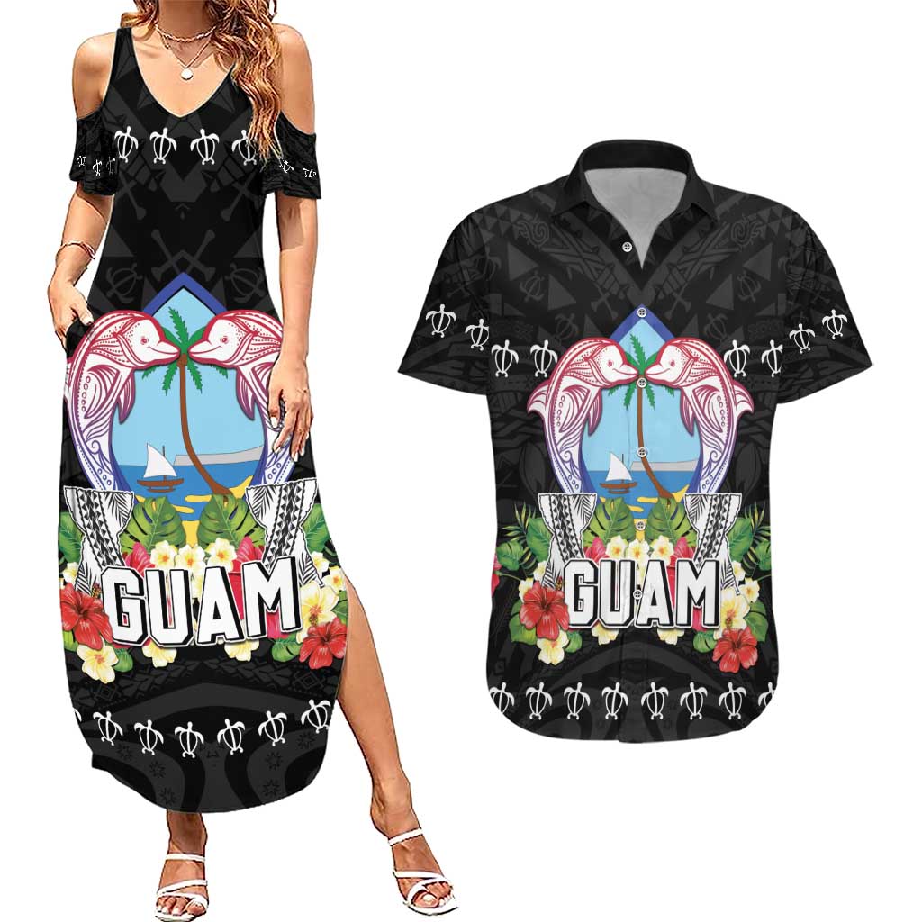 Guam Chamorro Couples Matching Summer Maxi Dress and Hawaiian Shirt Tribal Latte Stone With Dolphins Black