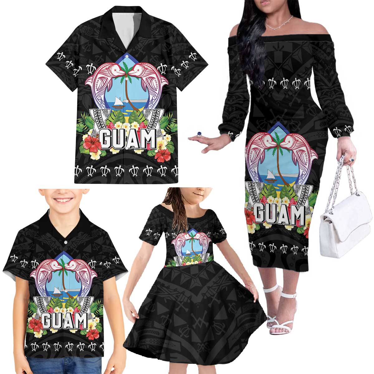 Guam Chamorro Family Matching Off The Shoulder Long Sleeve Dress and Hawaiian Shirt Tribal Latte Stone With Dolphins Black