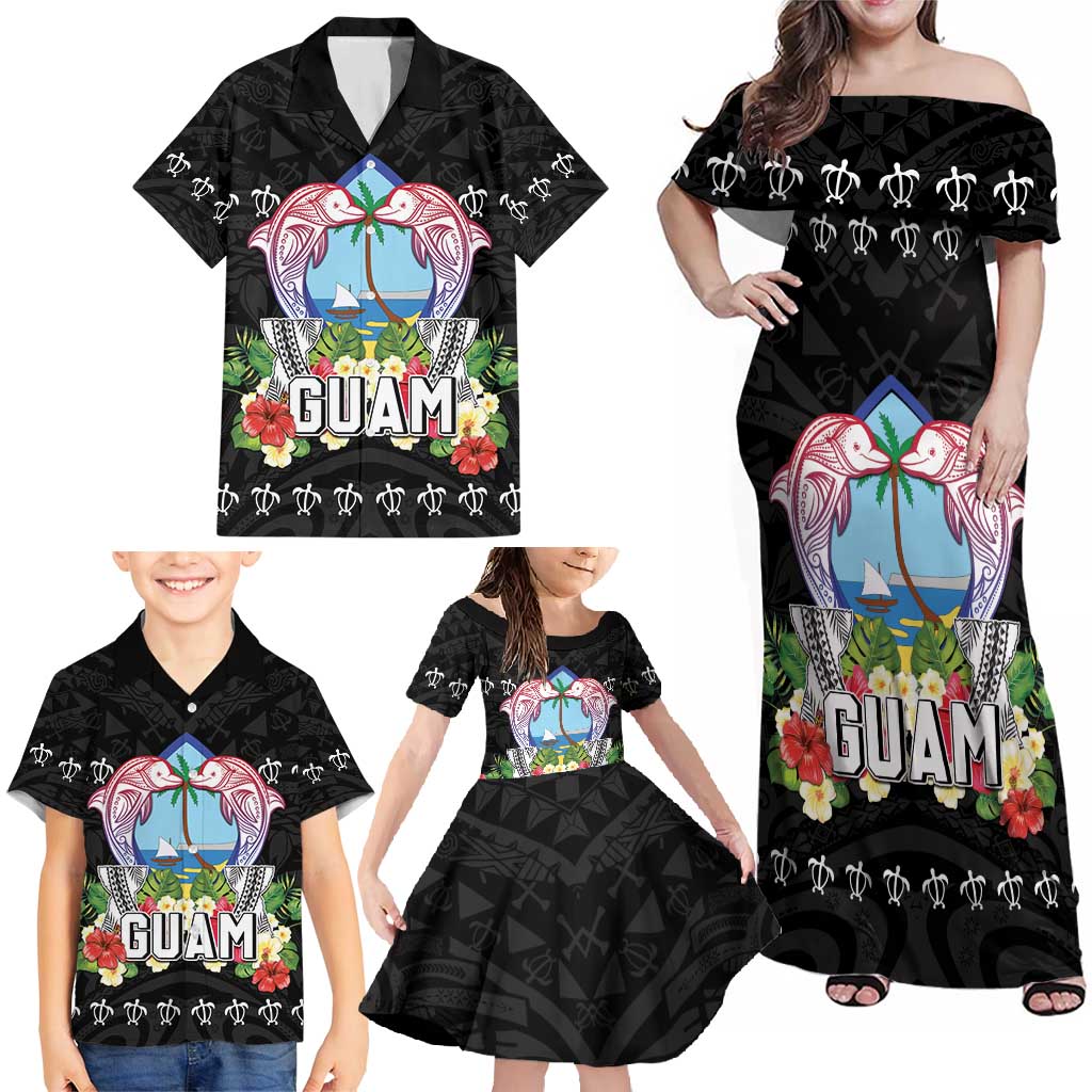 Guam Chamorro Family Matching Off Shoulder Maxi Dress and Hawaiian Shirt Tribal Latte Stone With Dolphins Black