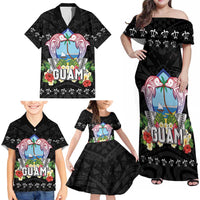 Guam Chamorro Family Matching Off Shoulder Maxi Dress and Hawaiian Shirt Tribal Latte Stone With Dolphins Black