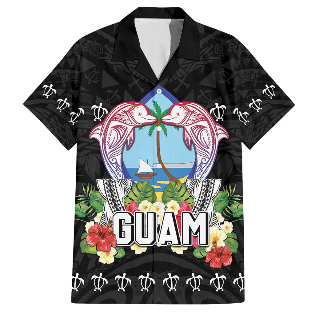 Guam Chamorro Family Matching Off Shoulder Maxi Dress and Hawaiian Shirt Tribal Latte Stone With Dolphins Black