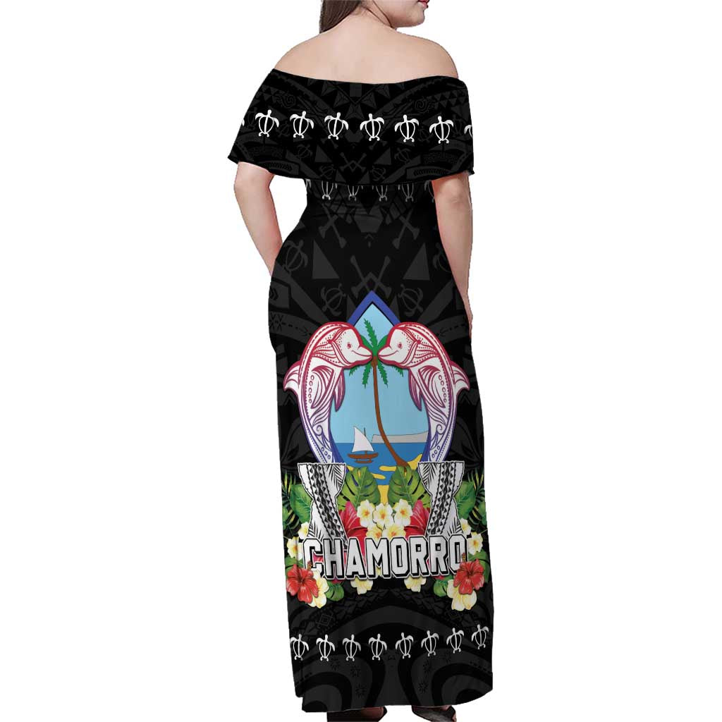 Guam Chamorro Family Matching Off Shoulder Maxi Dress and Hawaiian Shirt Tribal Latte Stone With Dolphins Black