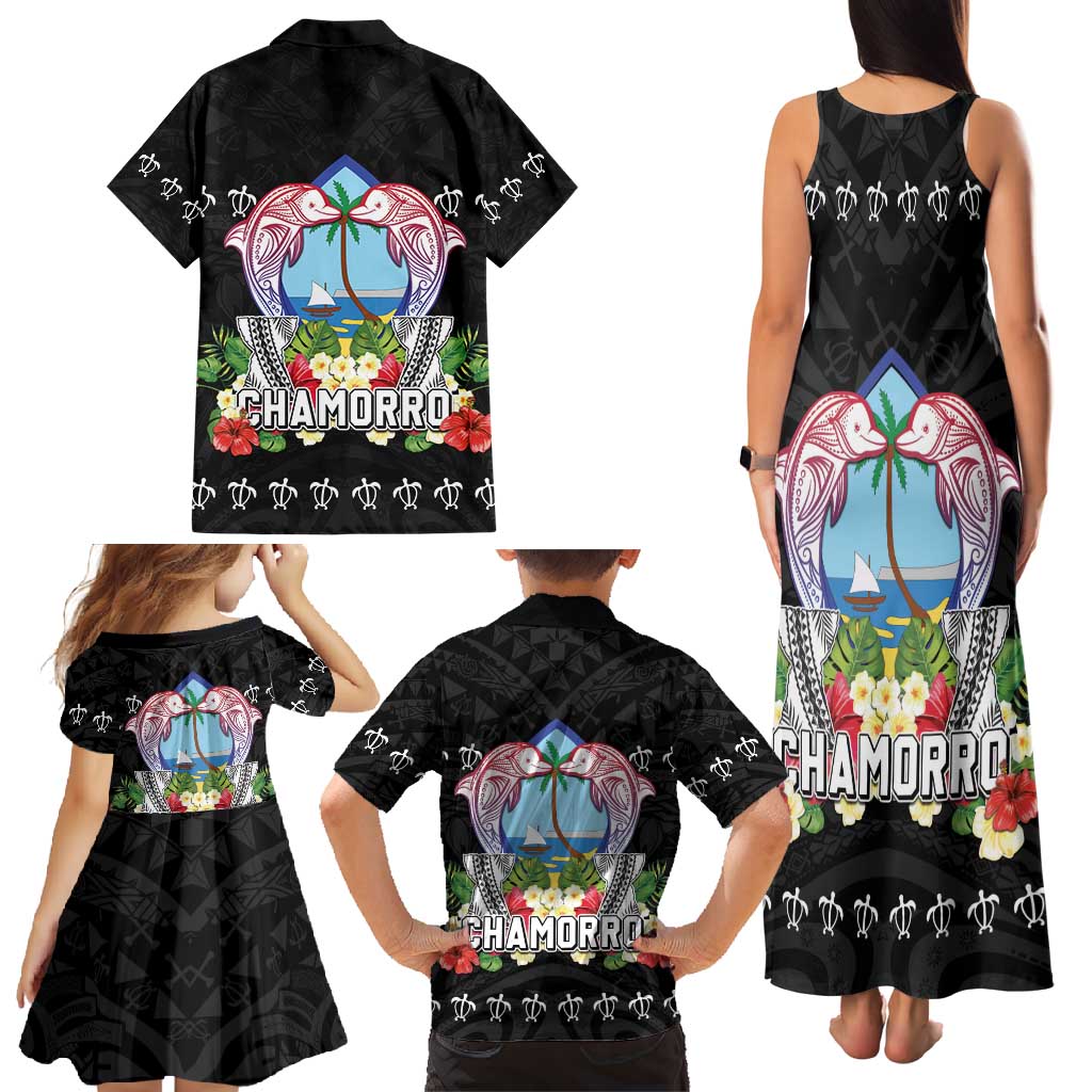 Guam Chamorro Family Matching Tank Maxi Dress and Hawaiian Shirt Tribal Latte Stone With Dolphins Black