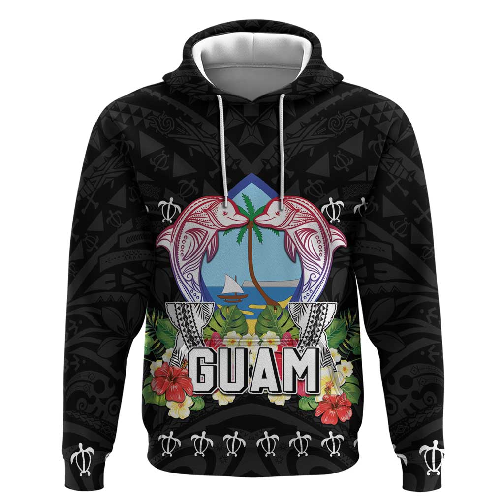 Guam Chamorro Hoodie Tribal Latte Stone With Dolphins Black