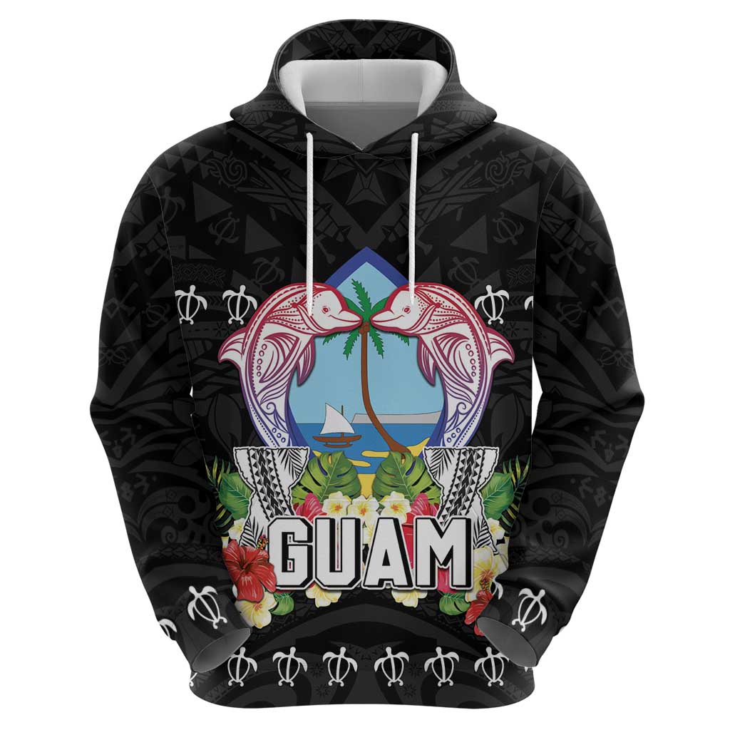 Guam Chamorro Hoodie Tribal Latte Stone With Dolphins Black