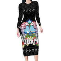 Guam Chamorro Long Sleeve Bodycon Dress Tribal Latte Stone With Dolphins Black