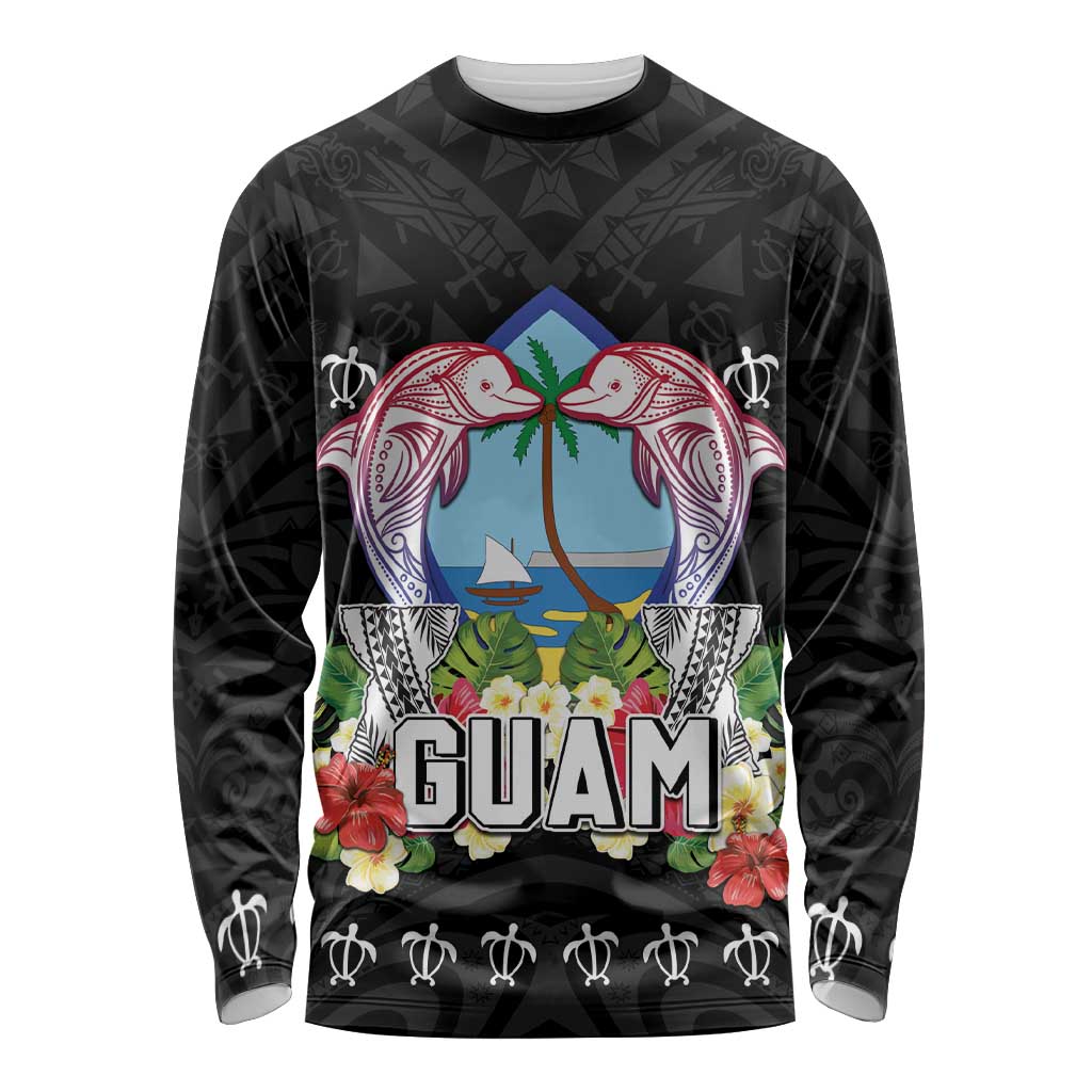 Guam Chamorro Long Sleeve Shirt Tribal Latte Stone With Dolphins Black