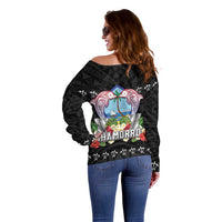 Guam Chamorro Off Shoulder Sweater Tribal Latte Stone With Dolphins Black