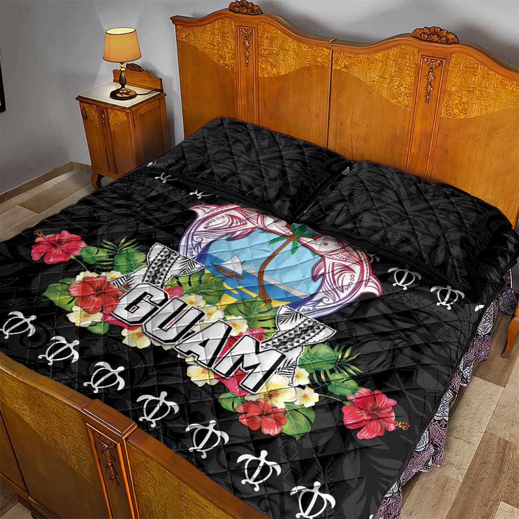 Guam Chamorro Quilt Bed Set Tribal Latte Stone With Dolphins Black