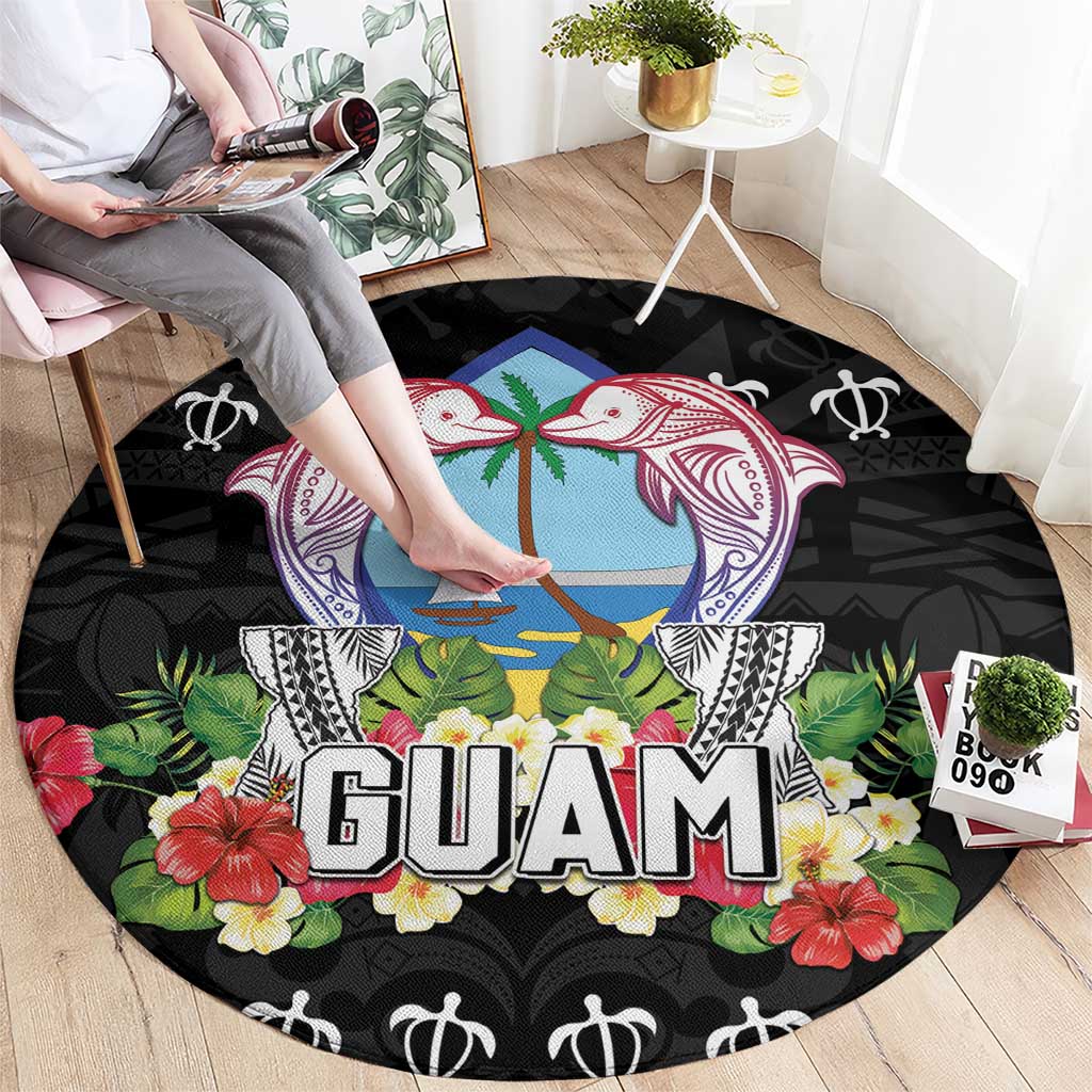Guam Chamorro Round Carpet Tribal Latte Stone With Dolphins Black