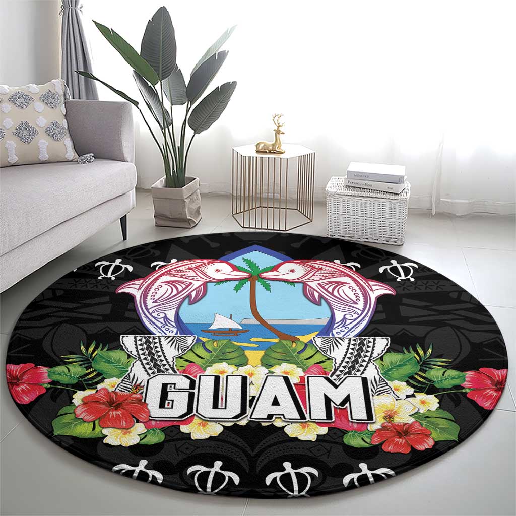 Guam Chamorro Round Carpet Tribal Latte Stone With Dolphins Black