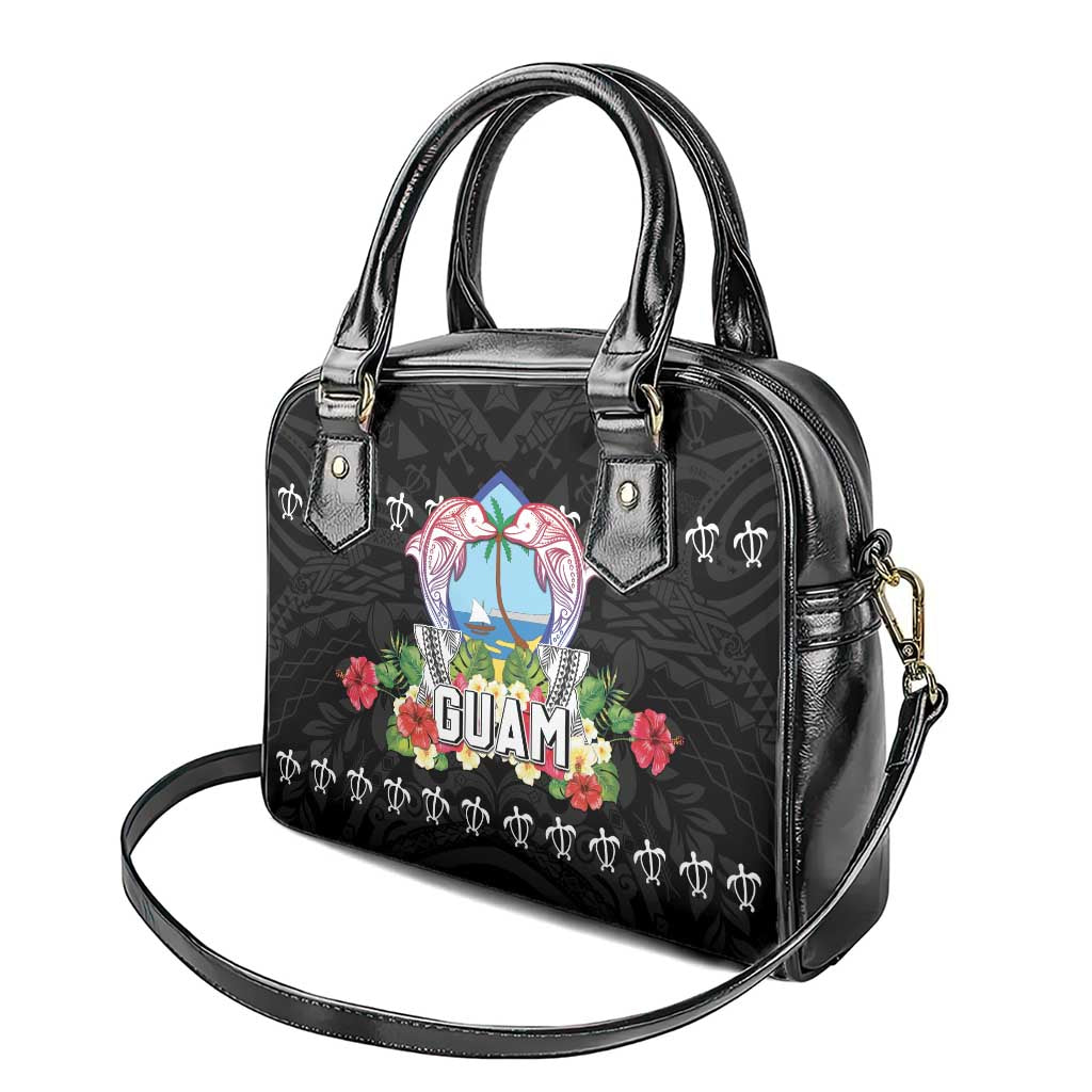 Guam Chamorro Shoulder Handbag Tribal Latte Stone With Dolphins Black