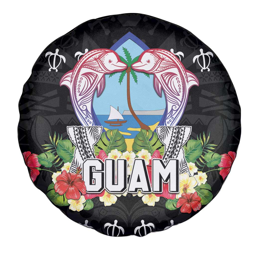 Guam Chamorro Spare Tire Cover Tribal Latte Stone With Dolphins Black