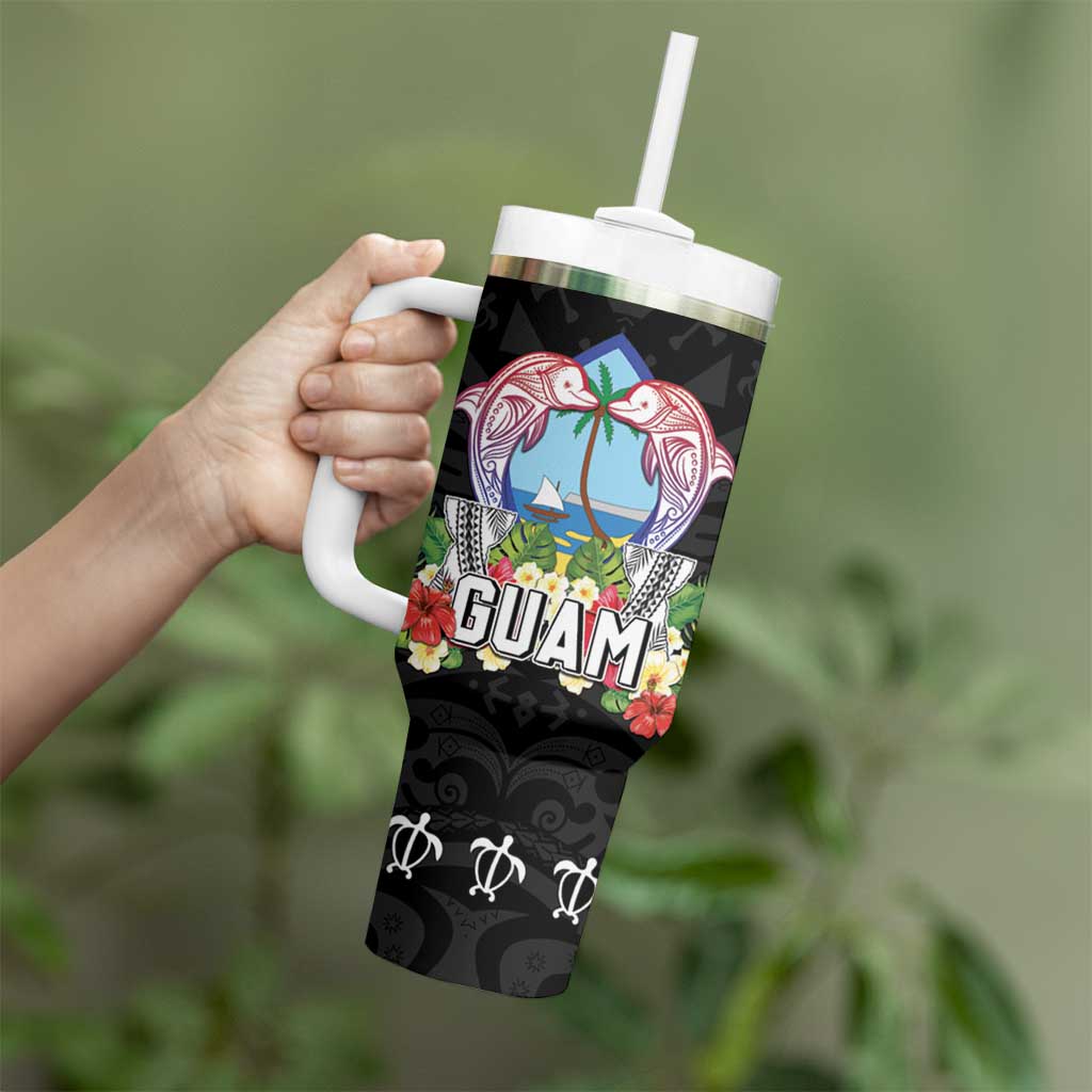 Guam Chamorro Tumbler With Handle Tribal Latte Stone With Dolphins Black