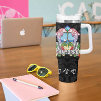 Guam Chamorro Tumbler With Handle Tribal Latte Stone With Dolphins Black