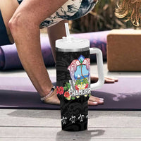 Guam Chamorro Tumbler With Handle Tribal Latte Stone With Dolphins Black