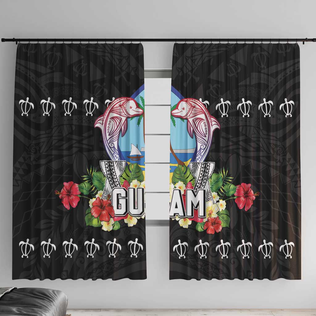 Guam Chamorro Window Curtain Tribal Latte Stone With Dolphins Black LT05 With Hooks Black - Polynesian Pride