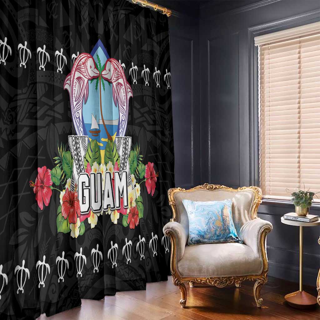 Guam Chamorro Window Curtain Tribal Latte Stone With Dolphins Black LT05 - Polynesian Pride