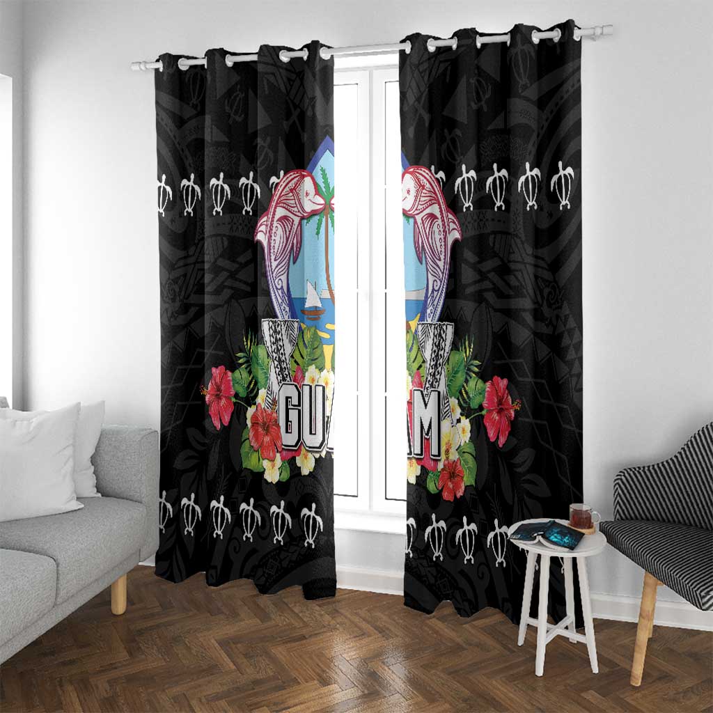 Guam Chamorro Window Curtain Tribal Latte Stone With Dolphins Black LT05 With Grommets Black - Polynesian Pride