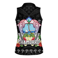 Guam Chamorro Women Sleeveless Polo Shirt Tribal Latte Stone With Dolphins Black