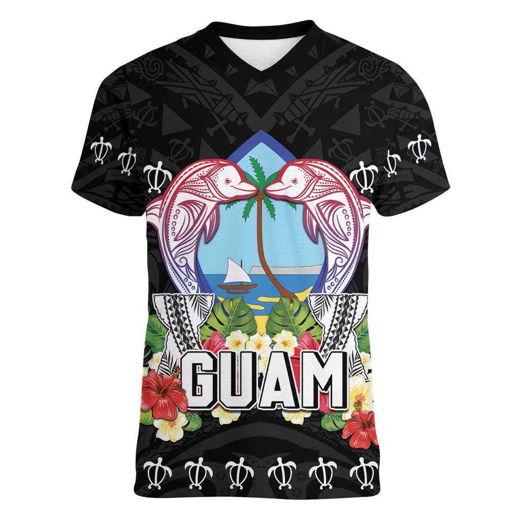 Guam Chamorro Women V-Neck T-Shirt Tribal Latte Stone With Dolphins Black