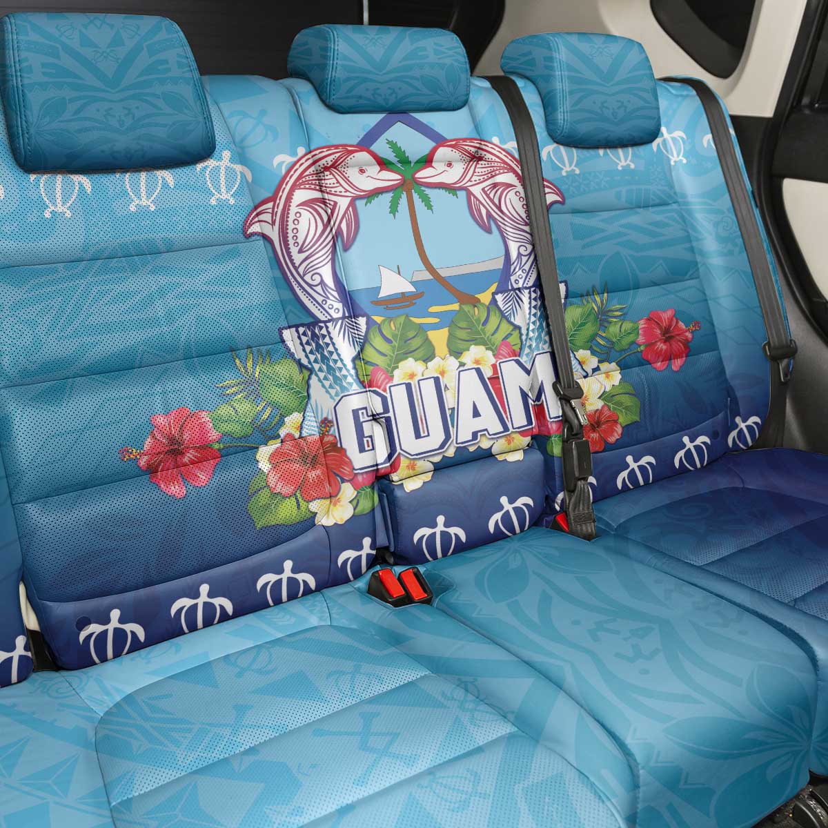 Guam Chamorro Back Car Seat Cover Tribal Latte Stone With Dolphins Blue