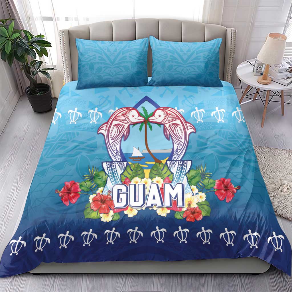 Guam Chamorro Bedding Set Tribal Latte Stone With Dolphins Blue