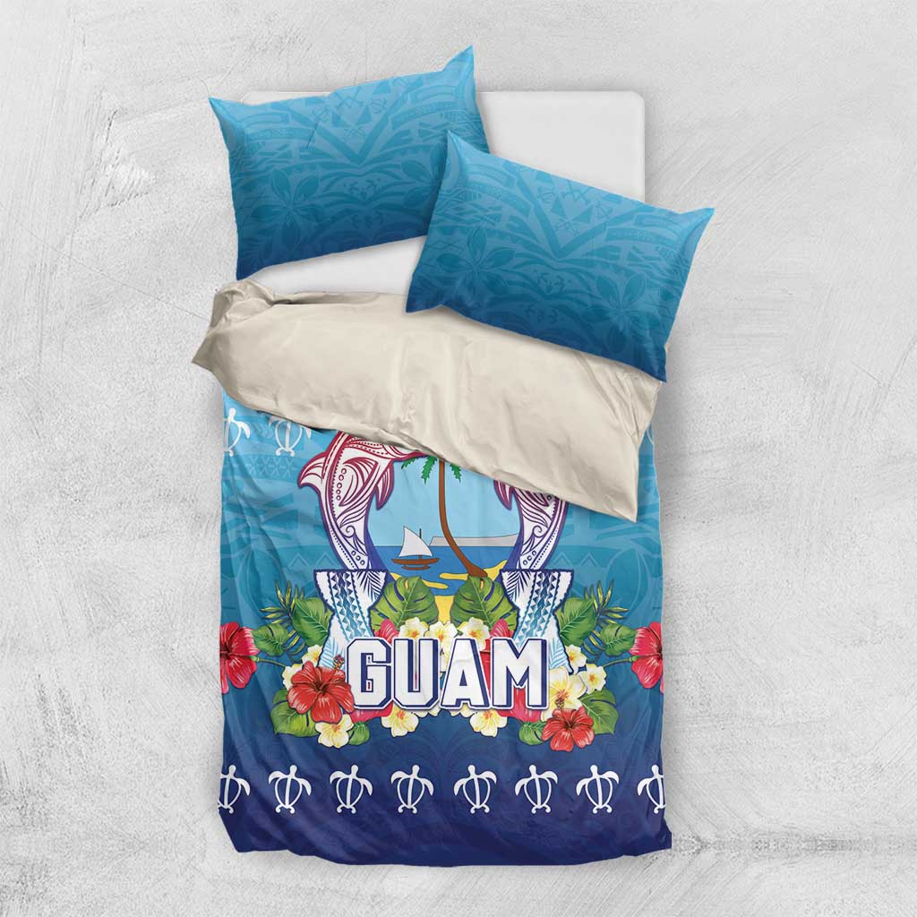 Guam Chamorro Bedding Set Tribal Latte Stone With Dolphins Blue