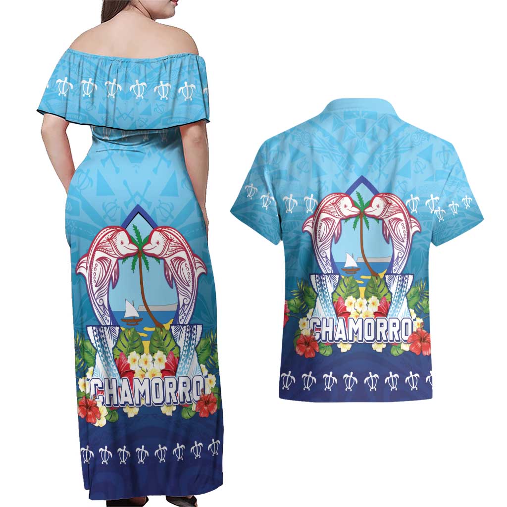 Guam Chamorro Couples Matching Off Shoulder Maxi Dress and Hawaiian Shirt Tribal Latte Stone With Dolphins Blue