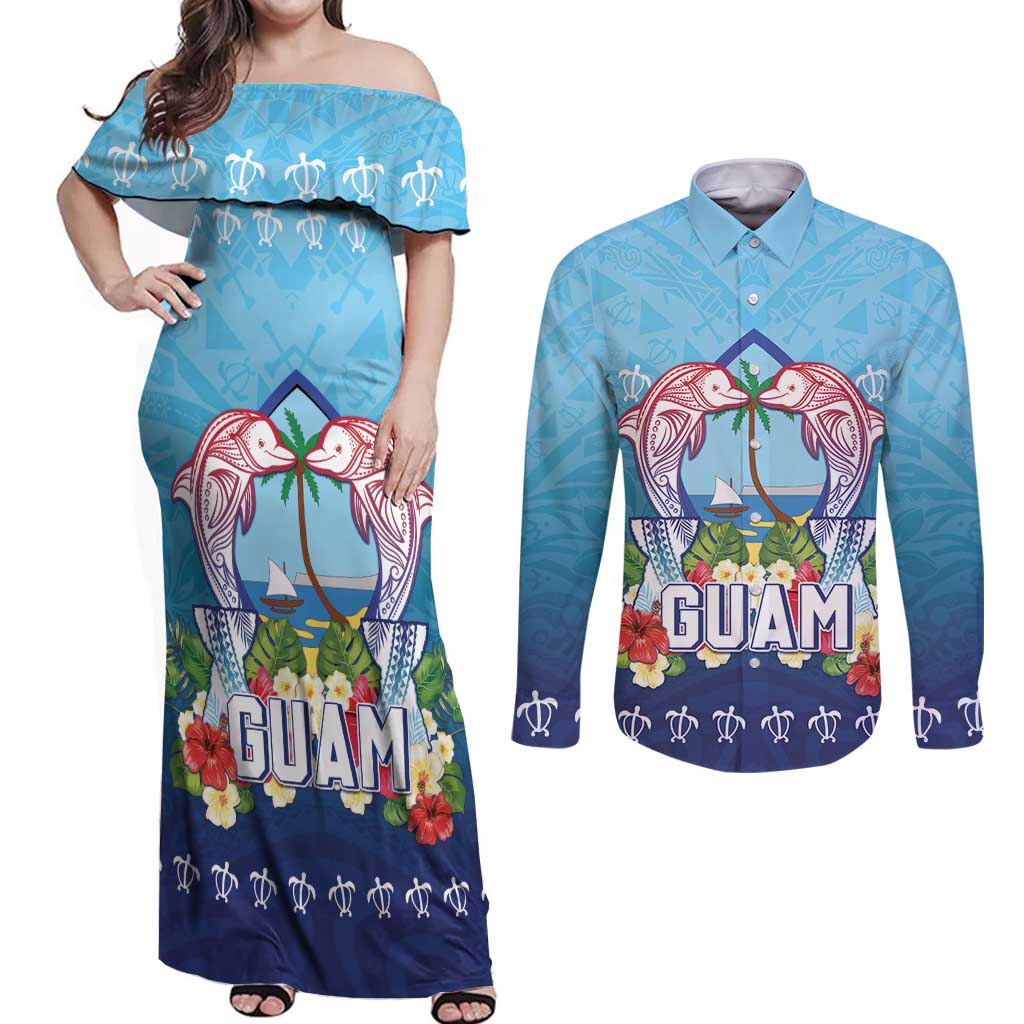 Guam Chamorro Couples Matching Off Shoulder Maxi Dress and Long Sleeve Button Shirt Tribal Latte Stone With Dolphins Blue