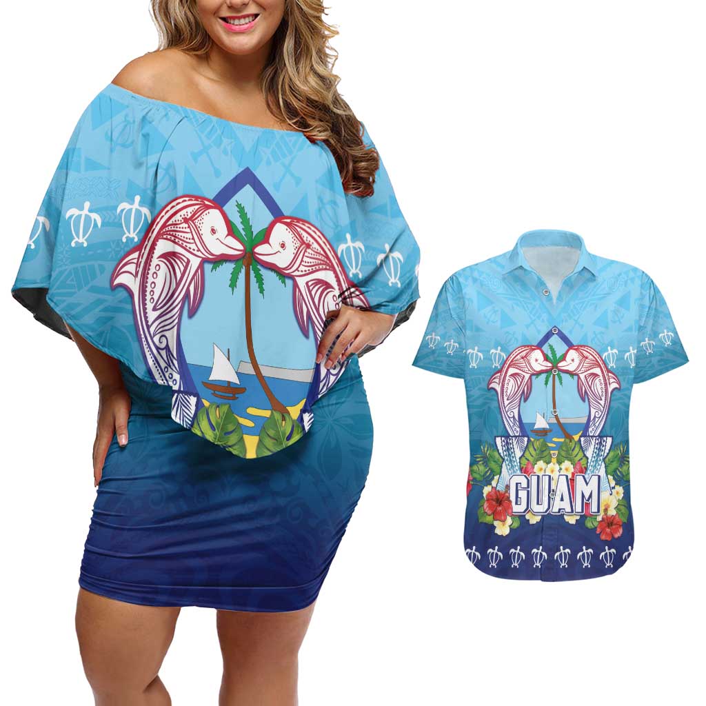 Guam Chamorro Couples Matching Off Shoulder Short Dress and Hawaiian Shirt Tribal Latte Stone With Dolphins Blue