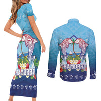 Guam Chamorro Couples Matching Short Sleeve Bodycon Dress and Long Sleeve Button Shirt Tribal Latte Stone With Dolphins Blue