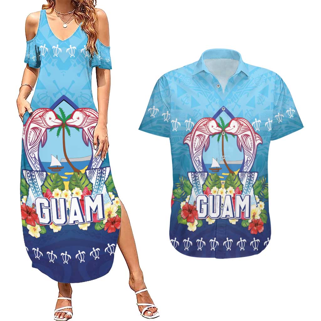 Guam Chamorro Couples Matching Summer Maxi Dress and Hawaiian Shirt Tribal Latte Stone With Dolphins Blue