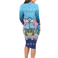 Guam Chamorro Family Matching Long Sleeve Bodycon Dress and Hawaiian Shirt Tribal Latte Stone With Dolphins Blue