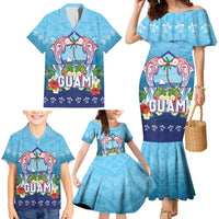 Guam Chamorro Family Matching Mermaid Dress and Hawaiian Shirt Tribal Latte Stone With Dolphins Blue