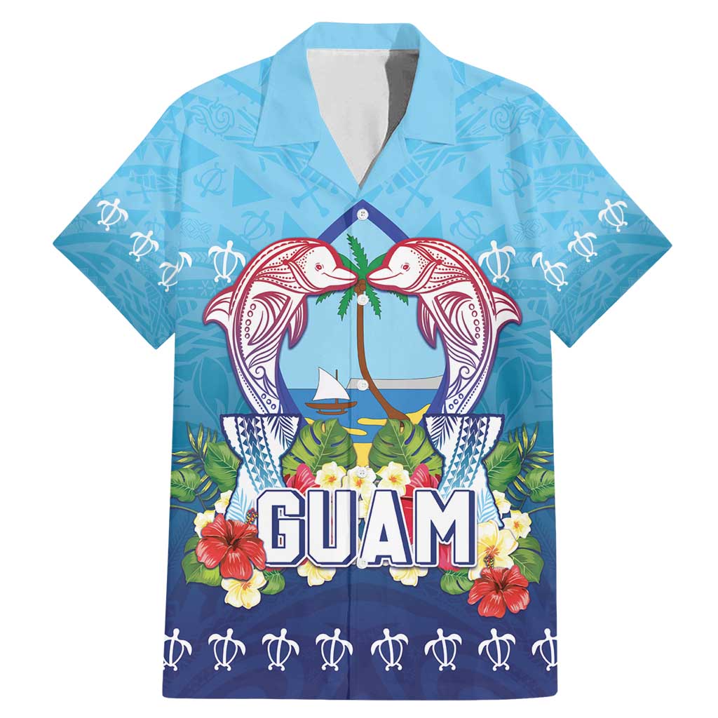 Guam Chamorro Family Matching Mermaid Dress and Hawaiian Shirt Tribal Latte Stone With Dolphins Blue