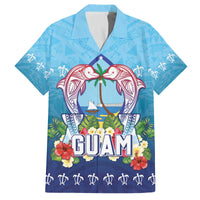 Guam Chamorro Family Matching Off The Shoulder Long Sleeve Dress and Hawaiian Shirt Tribal Latte Stone With Dolphins Blue