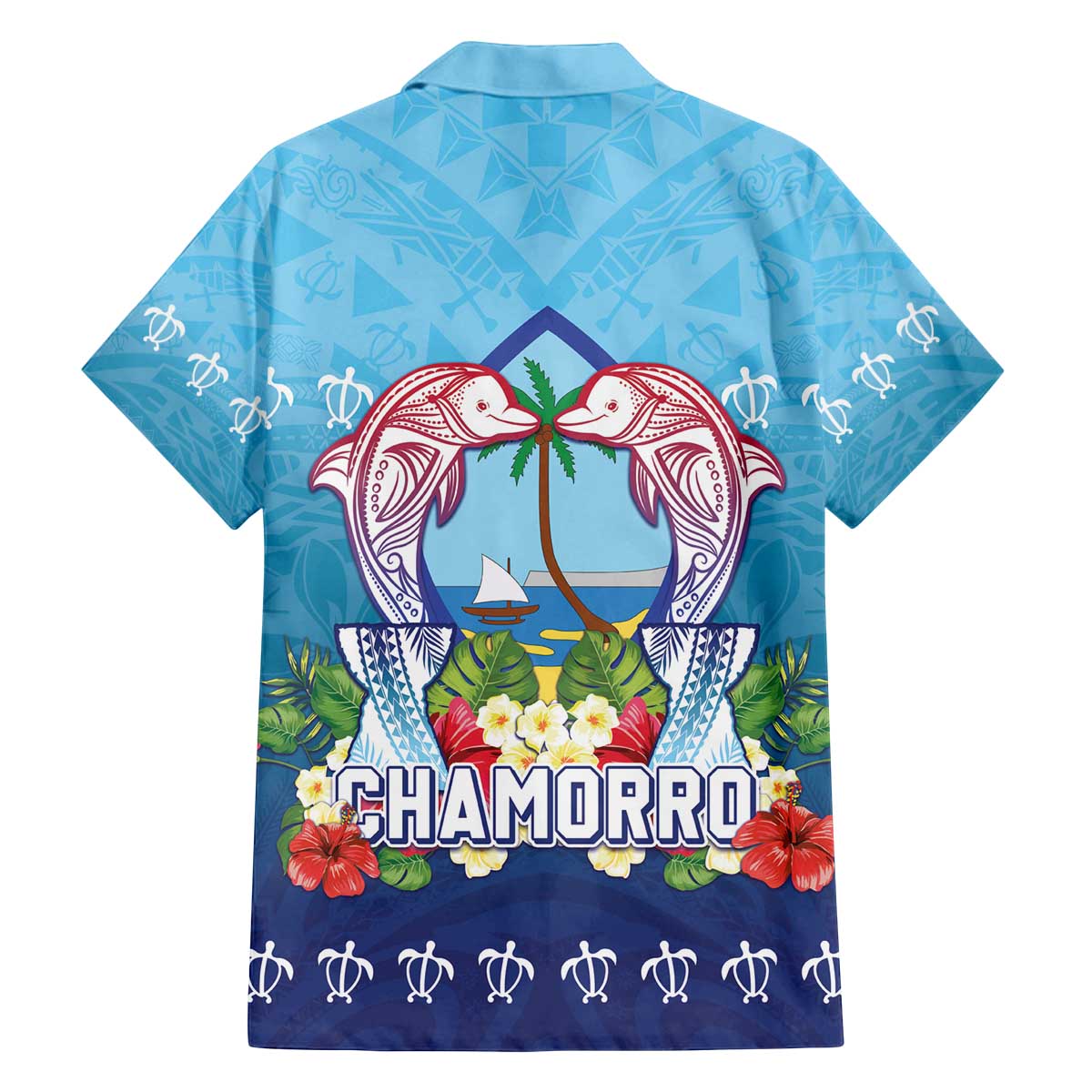 Guam Chamorro Family Matching Off The Shoulder Long Sleeve Dress and Hawaiian Shirt Tribal Latte Stone With Dolphins Blue