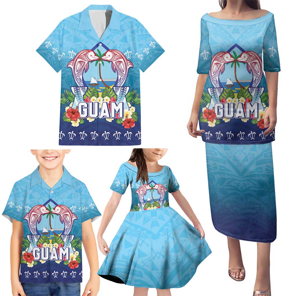 Guam Chamorro Family Matching Puletasi and Hawaiian Shirt Tribal Latte Stone With Dolphins Blue