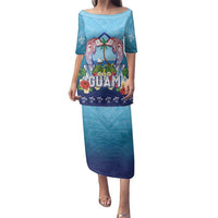 Guam Chamorro Family Matching Puletasi and Hawaiian Shirt Tribal Latte Stone With Dolphins Blue