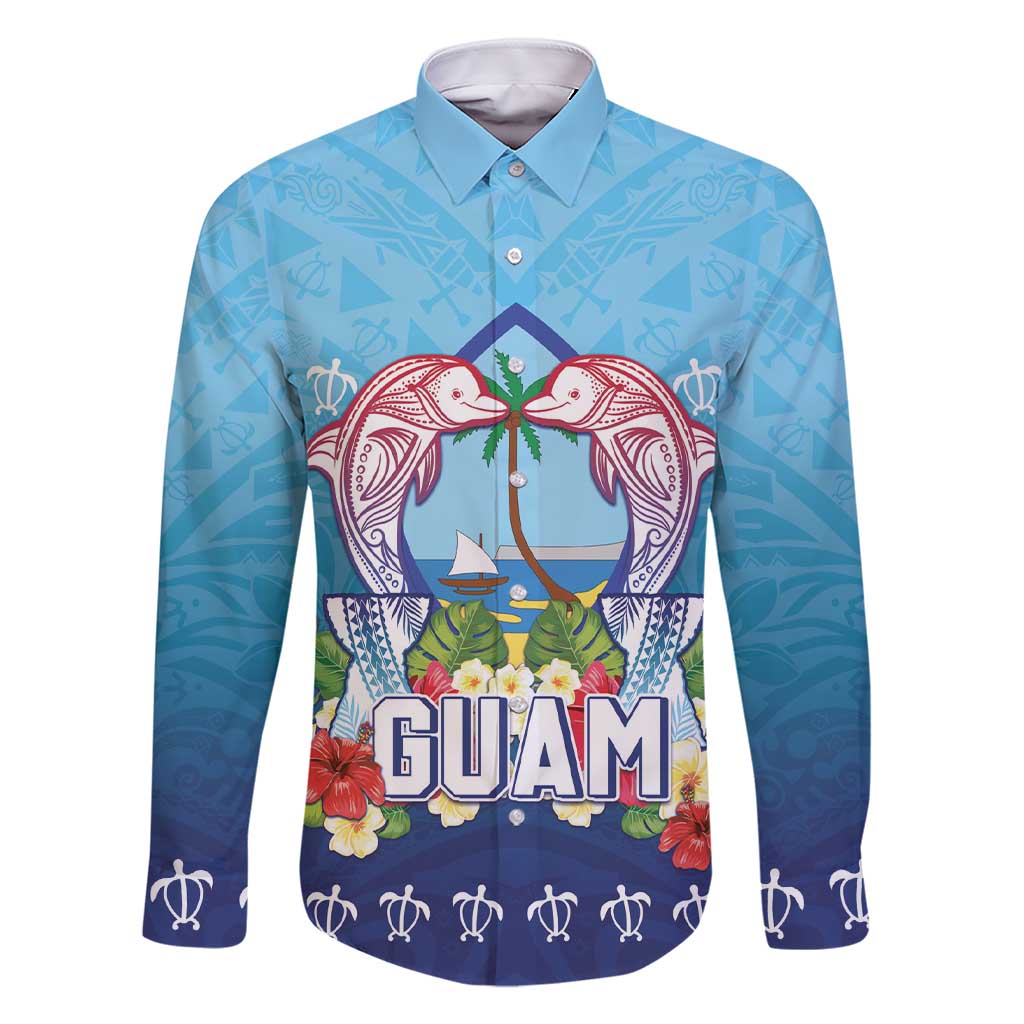 Guam Chamorro Family Matching Short Sleeve Bodycon Dress and Hawaiian Shirt Tribal Latte Stone With Dolphins Blue