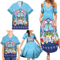 Guam Chamorro Family Matching Summer Maxi Dress and Hawaiian Shirt Tribal Latte Stone With Dolphins Blue