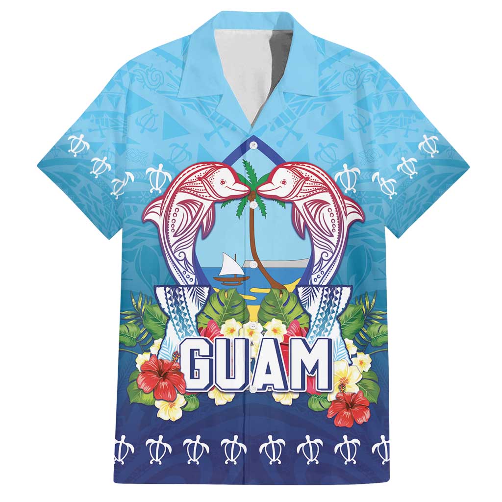 Guam Chamorro Family Matching Tank Maxi Dress and Hawaiian Shirt Tribal Latte Stone With Dolphins Blue