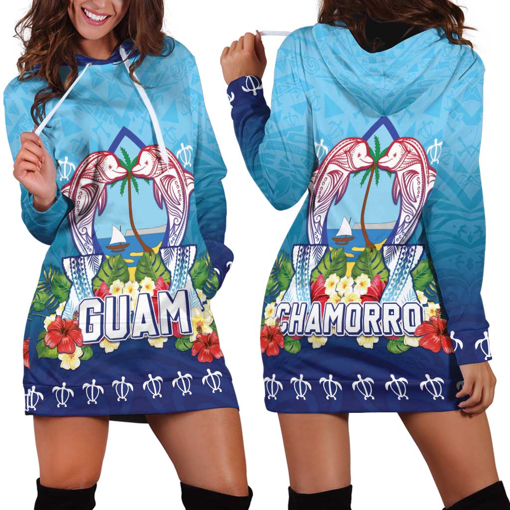 Guam Chamorro Hoodie Dress Tribal Latte Stone With Dolphins Blue